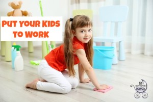 Cute little girl cleaning her room